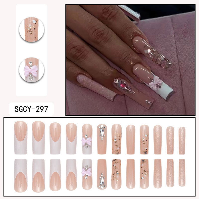 French Glitter Bow Nail Tips with Crystal Accents