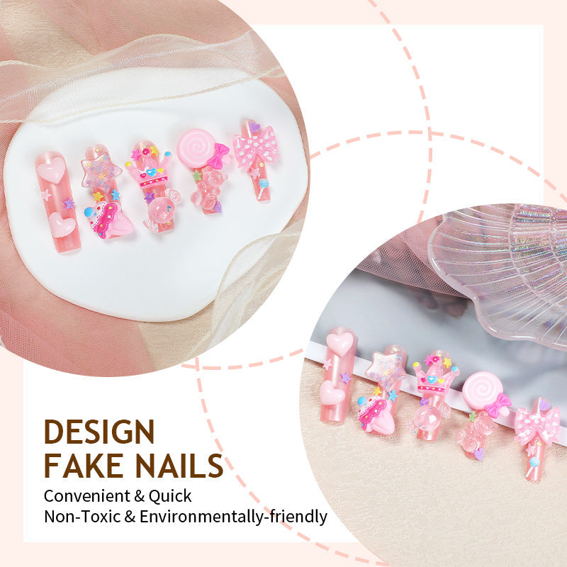 Long Water Pipe Nail Tips with Cute Bear Decor