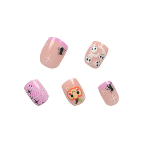 Cute Pumpkin and Black Spider Halloween Nails, Pink French Tip