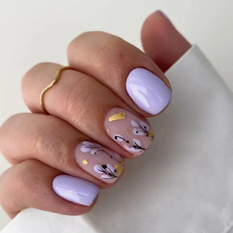 Short Lavender Flower Tree Gold Foil Nail Stickers