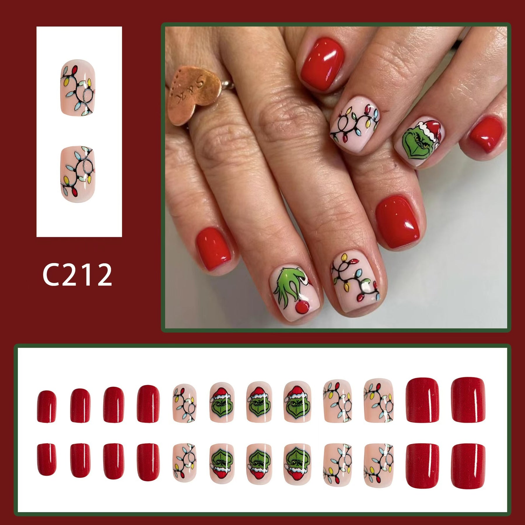 Short Shiny Grinch Christmas Red Hat Green Vines Fall Nails - 24 Pieces