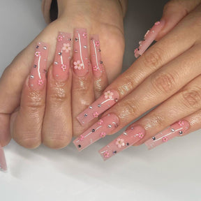 Floral Crystal Metal-Trimmed Long Nail Tips