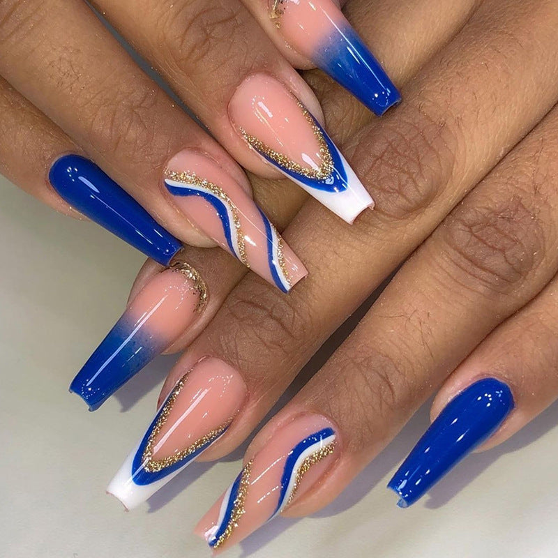 Fresh Sea Blue Wave Long Ballet French Nails, Trendy Ins Style