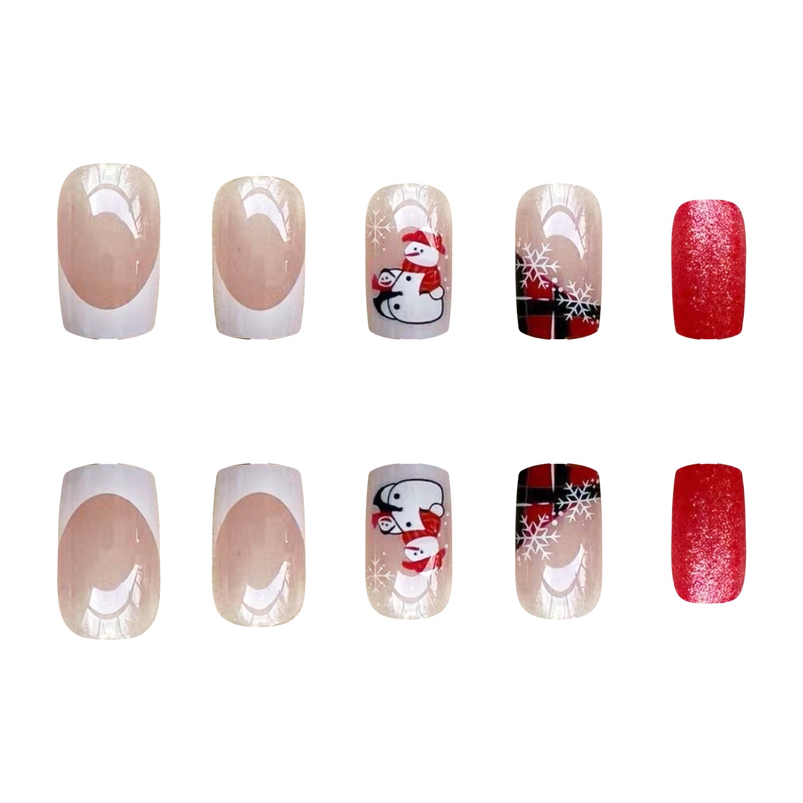 Winter Snowflake Santa Penguin Gradient Square Nails with Red Glitter