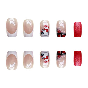 Winter Snowflake Santa Penguin Gradient Square Nails with Red Glitter