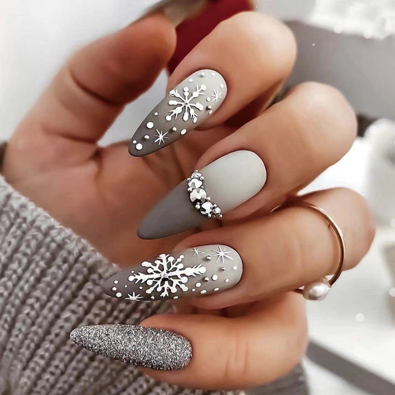 Christmas Snowflake Nail Tips with Diamond Glitter