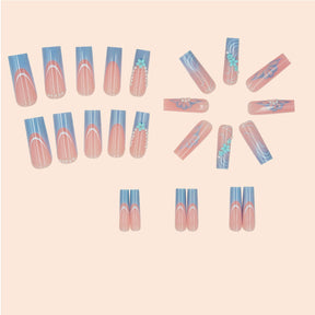 Blue French Minimalist White Line Flower Pearl Nail Extensions