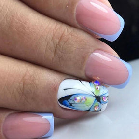 Removable French Blue Butterfly Diamond Nail Tips