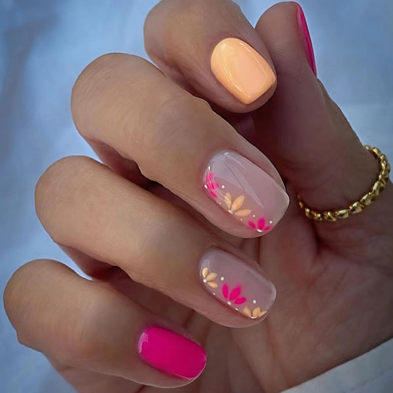 Simple Solid Rose Pink and Turmeric Flower Fall Nails: 24-Piece Set