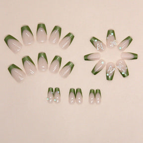 Simple Shiny Aurora French Nails, Green Diamond, Short Ballet