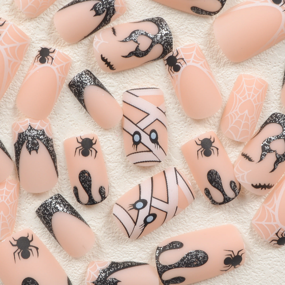 Black Flame and White Spider Web Halloween Nails, Matte Finish