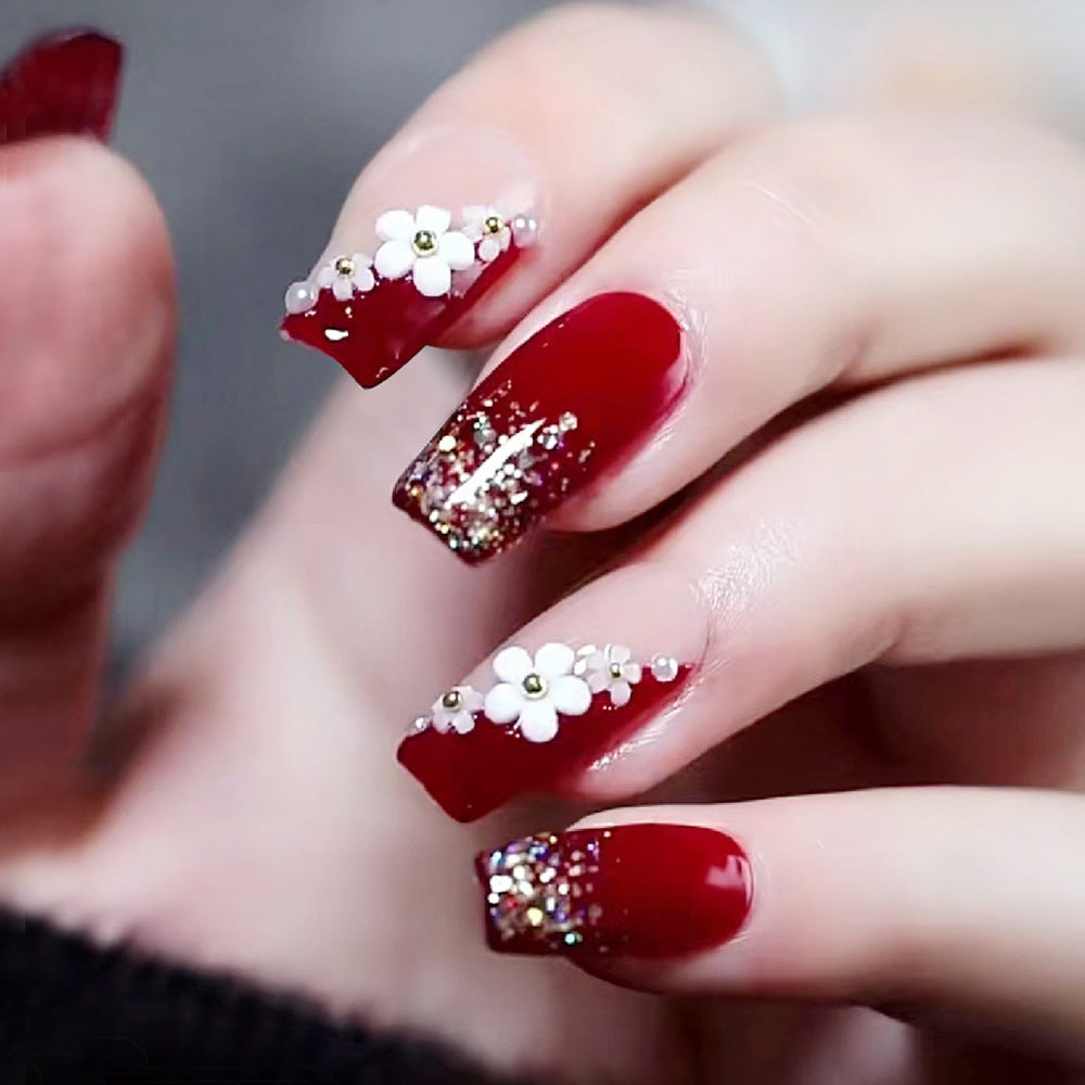 Short Wine Red Shiny Camellia Christmas False Nails