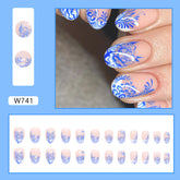 Chinese Style Round Head Blue Porcelain Morandi Flowers Totem Nails Euro Fashion Fake Nails