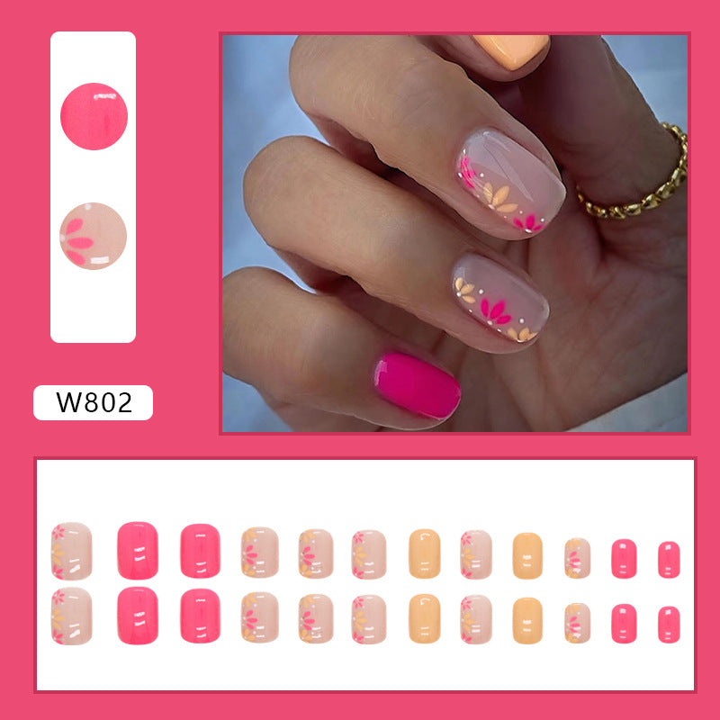 Simple Solid Rose Pink and Turmeric Flower Fall Nails: 24-Piece Set