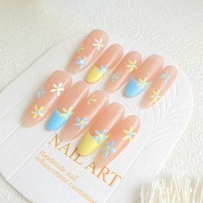 Chic Handmade Almond French Daisy Long Oval Cat Eye Fall Nails, Versatile Nail Patches