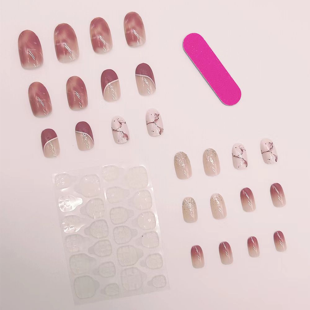 24-Piece Pink Ice Marble Oval Fall Nails