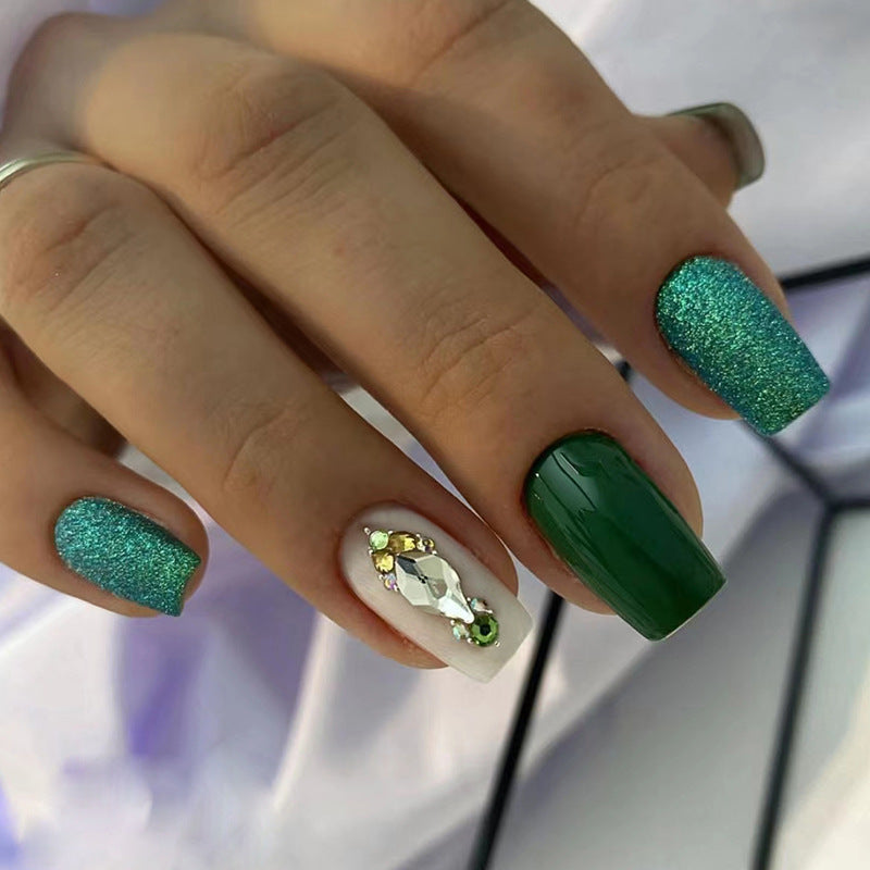 Spring Summer Flashy Fresh Green Diamond Nails, Medium Length Square