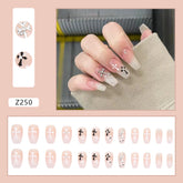 Nude Cross Pattern Gold Powder Long Wearable Nails - Removable Manicure Sheets