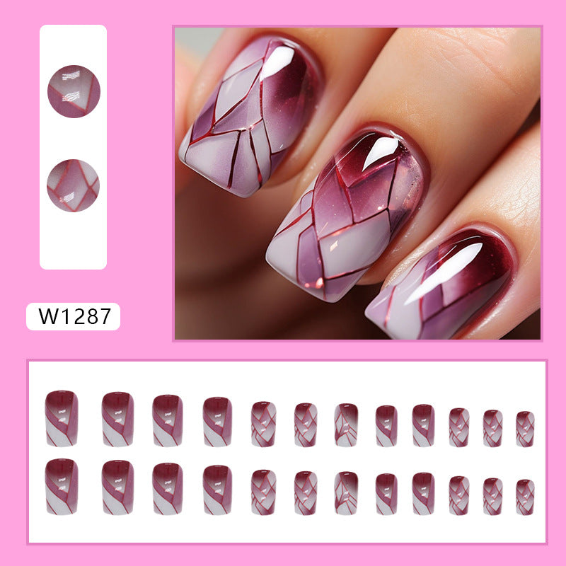 Cracked Glass Effect Wine Red Nails, Mid-Length Square