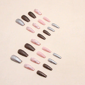 Long Flashy Champagne Ballet Marble Nails, Ins Style Wholesale