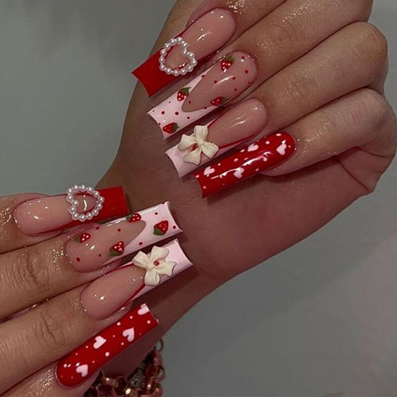 Valentine's Pink Heart Bow Strawberry Nail Tips