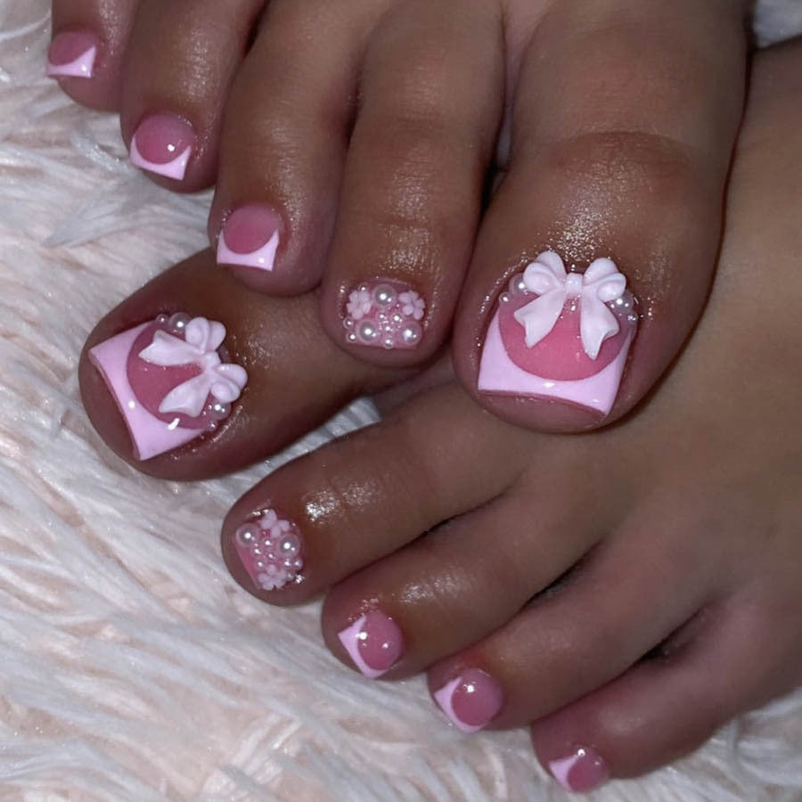 Classic Simple Pink French Nails with White Bow Accents