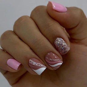 Pink White Striped Charming Sweet Shiny French Nails Ins Style