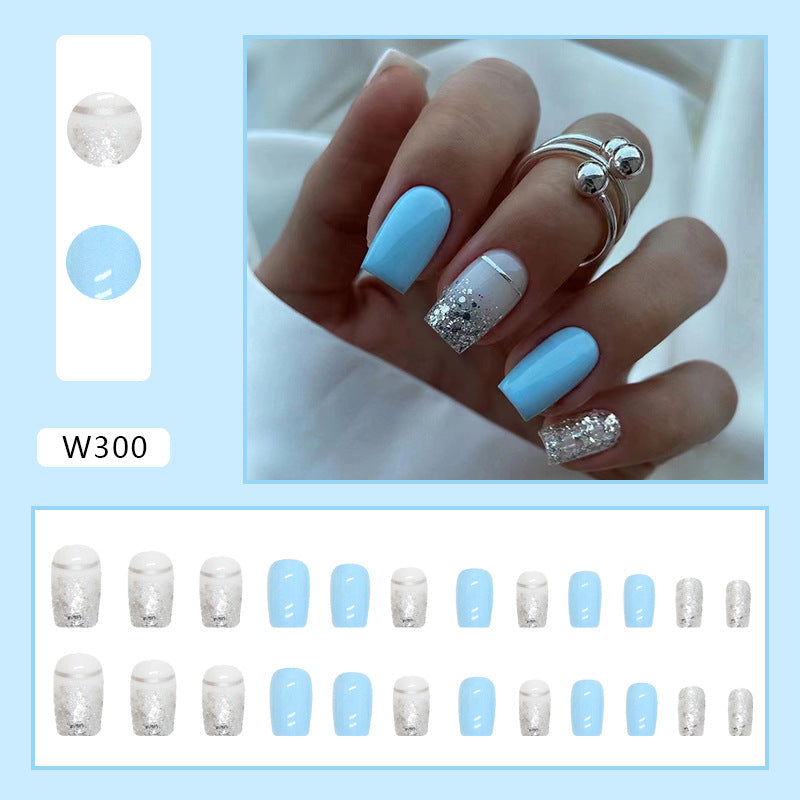 Blue Flashy Square Mid-Length Fall Nails, 24-Piece Wholesale Set