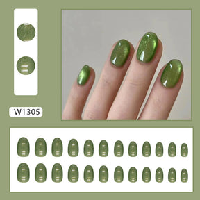 Shiny Natural Green Forest Nails, Oval Shape Ins Style