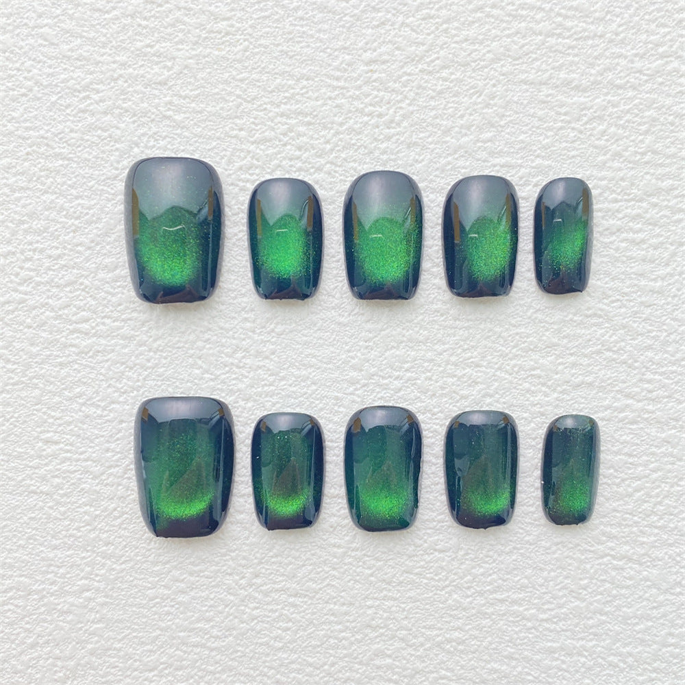 Chic Handmade Gemstone Green Cat Eye Fall Nails, Versatile and Trendy Nail Patches