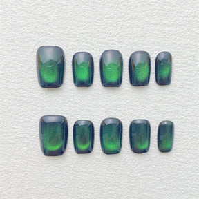 Chic Handmade Gemstone Green Cat Eye Fall Nails, Versatile and Trendy Nail Patches