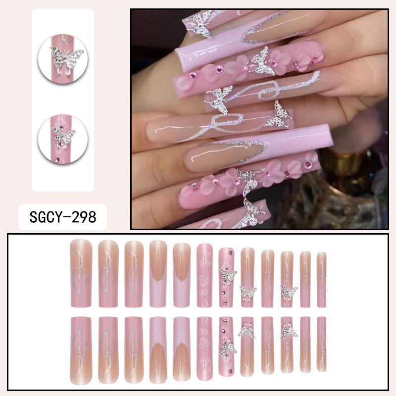 Silver Butterfly Glitter Nail Tips with Pink Flowers