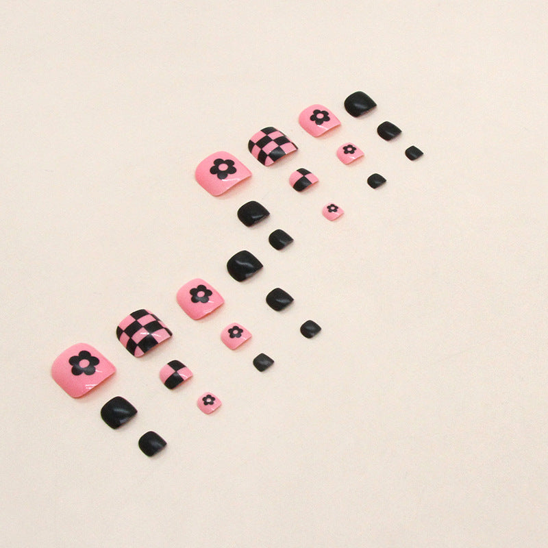 Checkerboard Flower Pink Black Toe Nail Stickers