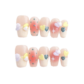 Chic Handmade Multicolor Childlike Heart Bow Polka Dot Fall Nails, Short Nail Patches