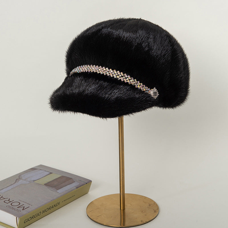 Warm Real Fur Trapper Hat with Rhinestones