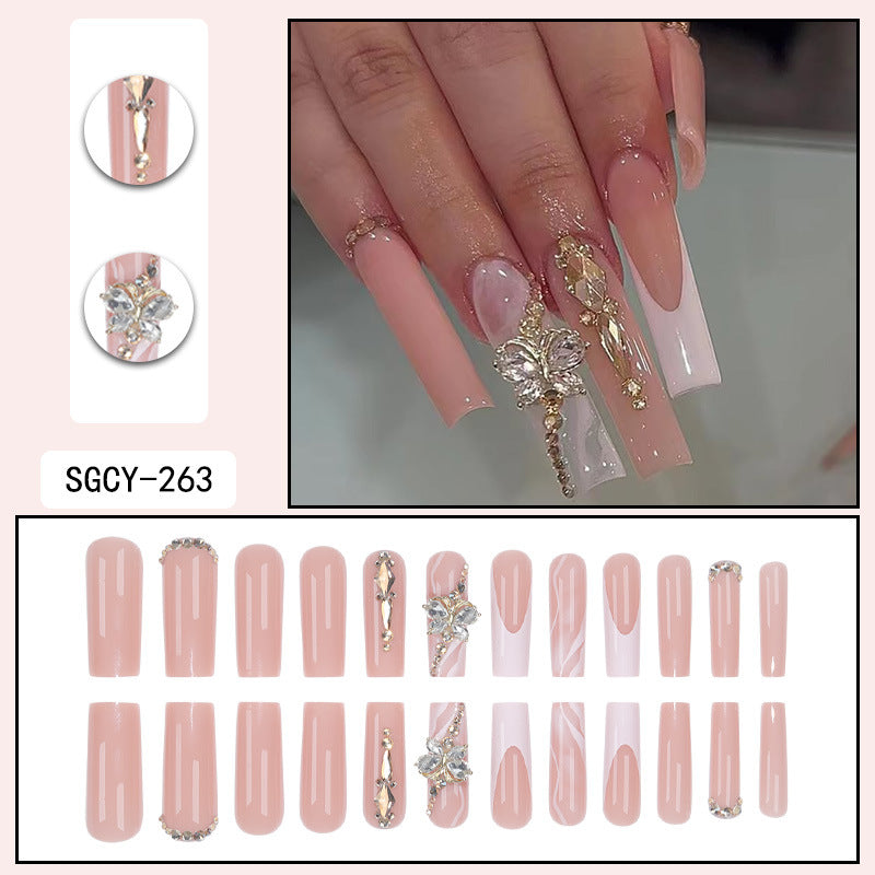 Long French Champagne Gold Bow Nail Tips