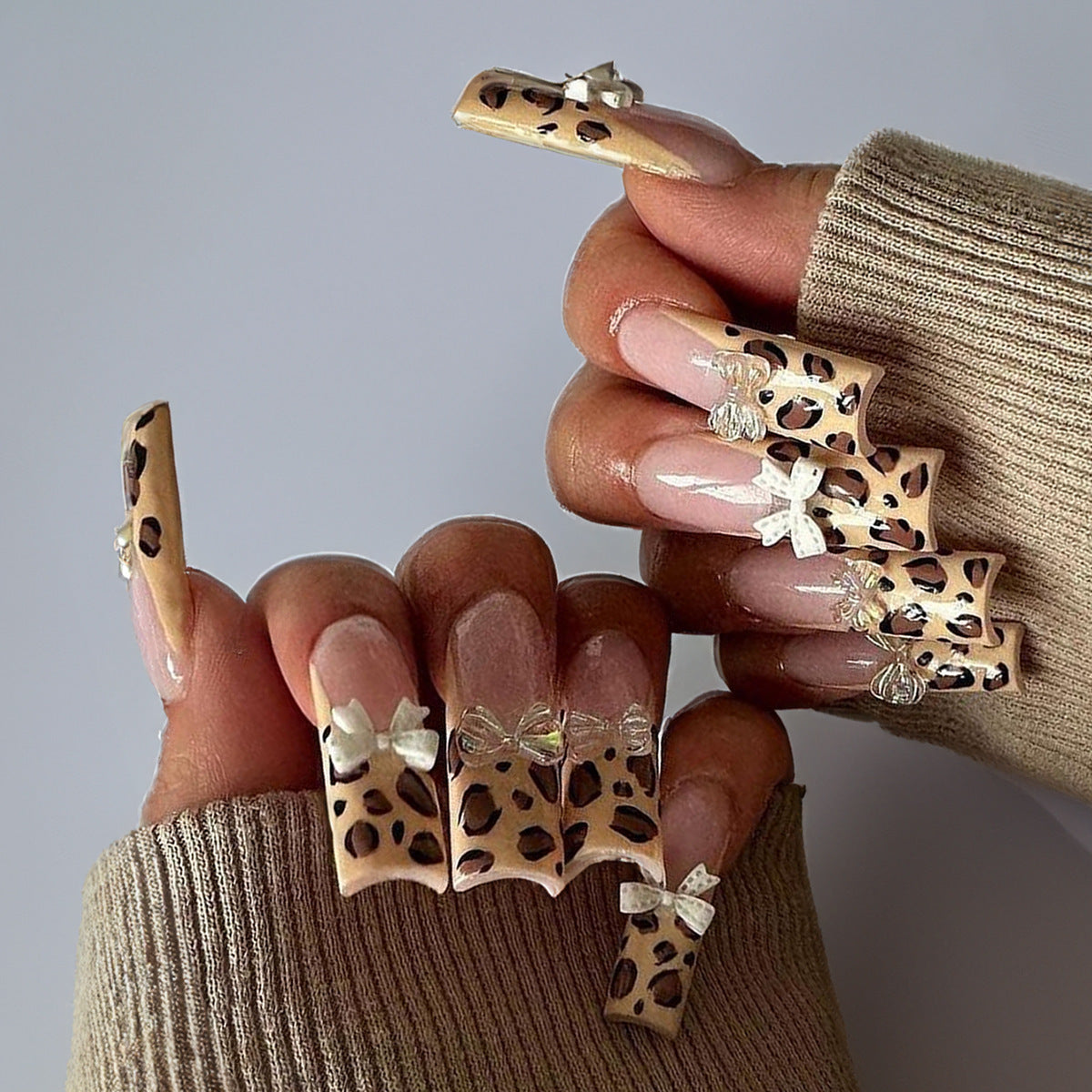 Long French Leopard Print Nail Tips with Bows