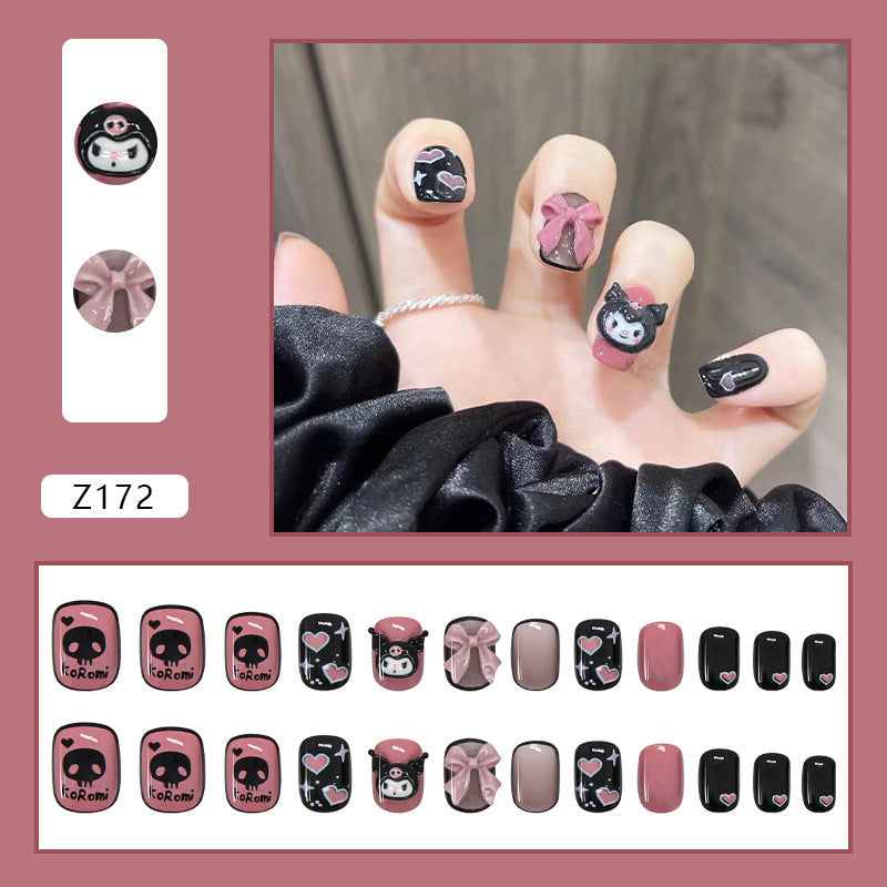 Removable Short Black Pink Heart Nail Tips