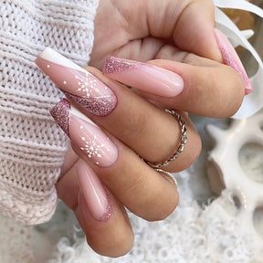 Romantic Pink Snowflake French Nails for Christmas