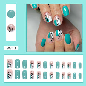 Summer Fresh Mid-Length Nails, Lake Blue with Leaf Design