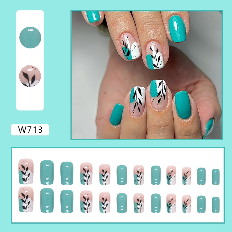 Summer Fresh Mid-Length Nails, Lake Blue with Leaf Design