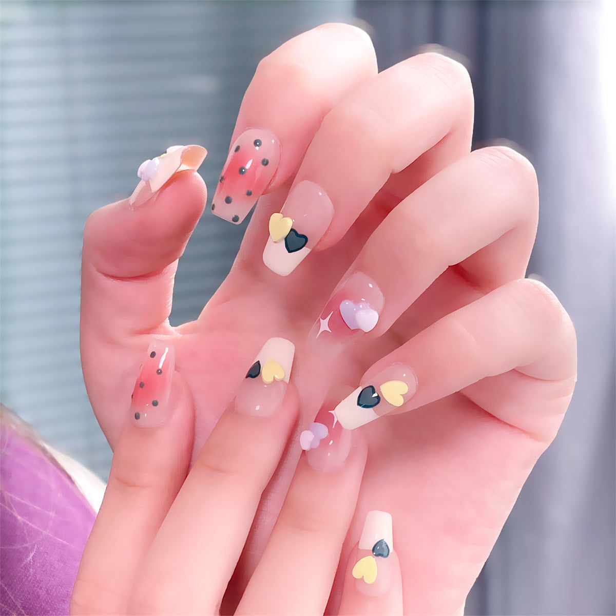 Chic Handmade Multicolor Childlike Heart Bow Polka Dot Fall Nails, Short Nail Patches