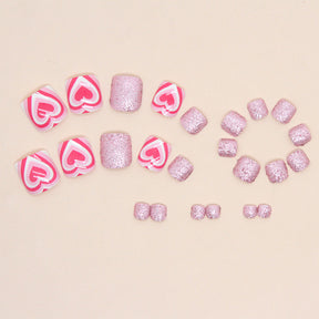 Pink Shiny Full Set Heart Impact Toe Nails Adorable