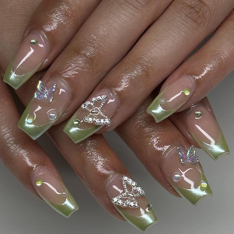 Simple Shiny Aurora French Nails, Green Diamond, Short Ballet