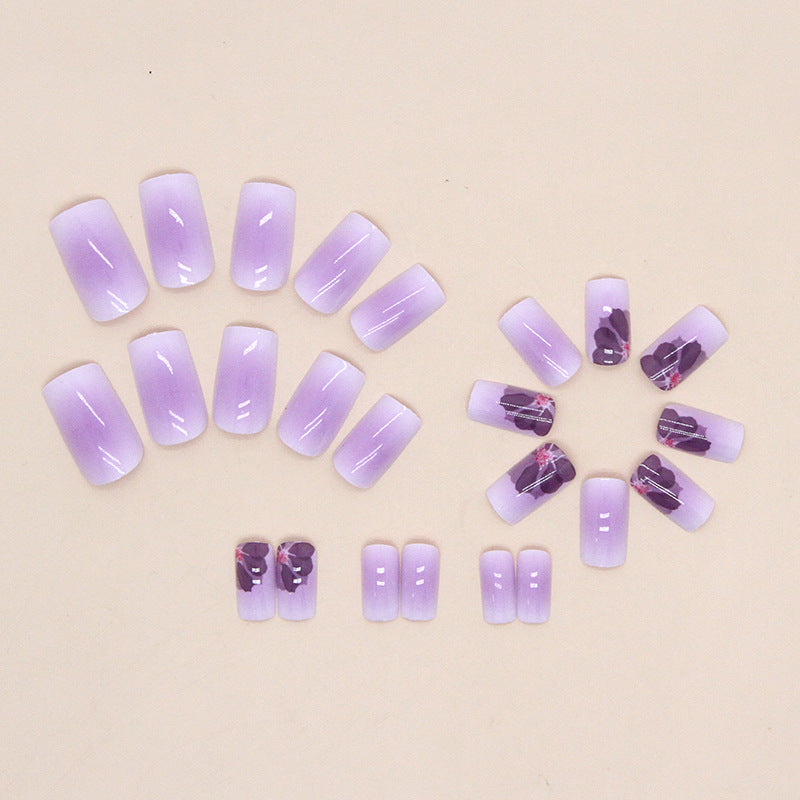 24-Piece Gradient Purple Nails - Blush Tones, Floral Design, Elegant