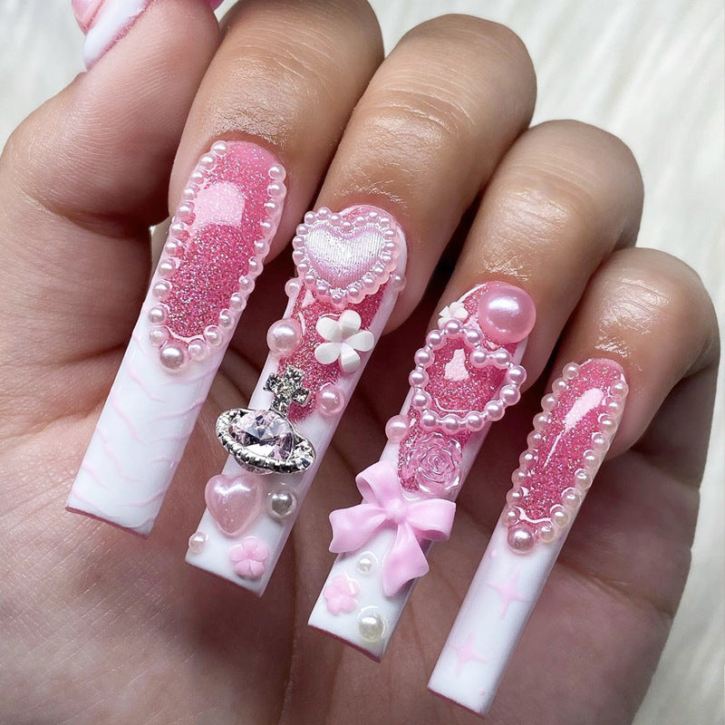 Popular Long French Tip Diamond Heart Pearl Nails