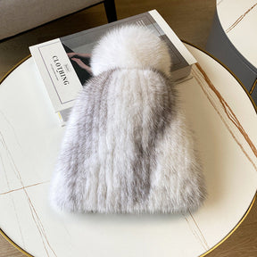 Winter Fox Pom Pom Mink Fur Hat with Ear Protection