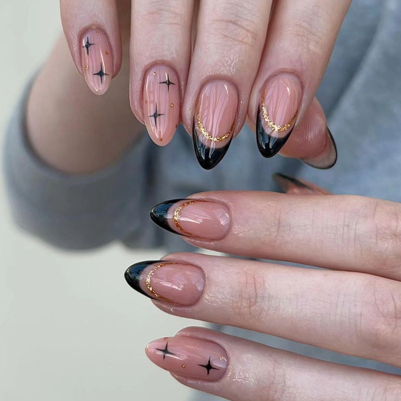 Sweet-Cool Black French Fall Nails with Shimmering Gold Powder