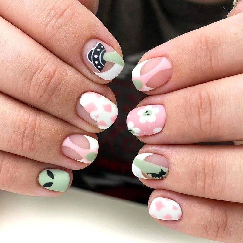 Short Pink White Matte Cow Print Fall Nails - Sweet & Edgy Alien Style