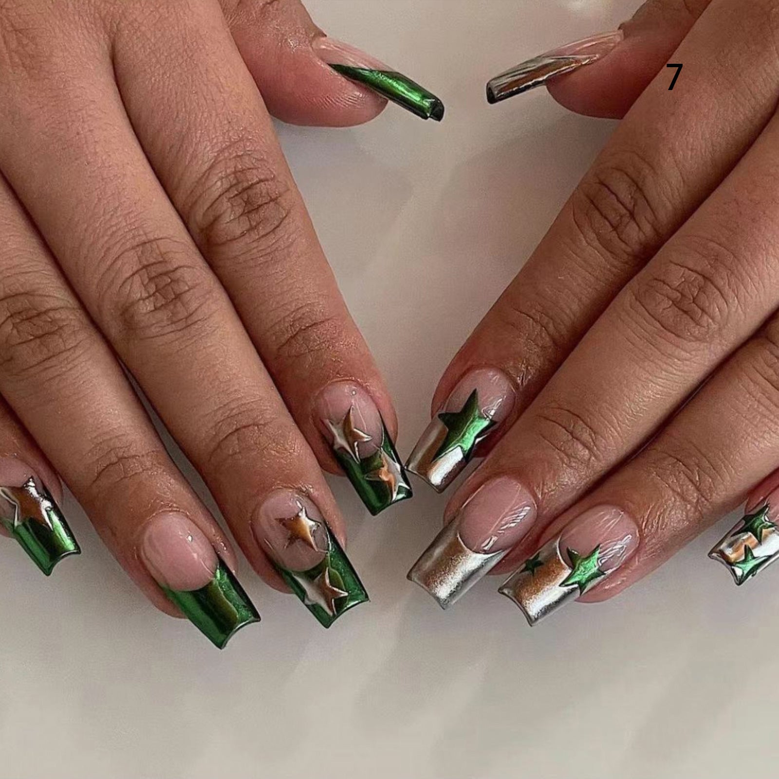 Rock Metal Green Silver Asymmetrical French Nails with Stars